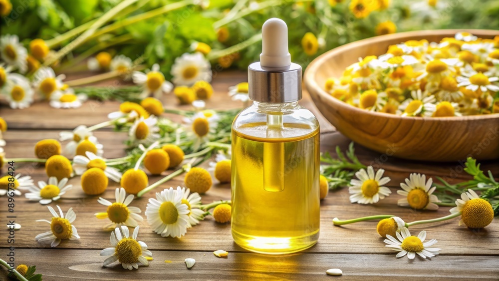 Vibrant yellow spray bottle sits amidst petri dishes holding delicate chamomilla flowers and essence, conveying natural remedy essence ambiance. Vibrant yellow spray bottle sits amidst petri dishes holding delicate chamomilla flowers and essence, conveying natural remedy essence ambiance.