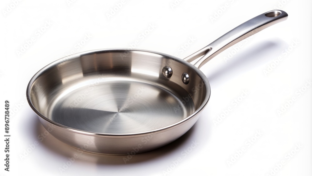 High-quality stainless steel frying pan with long handle and subtle rounded edges isolated on a clean white background. High-quality stainless steel frying pan with long handle and subtle rounded edges isolated on a clean white background.