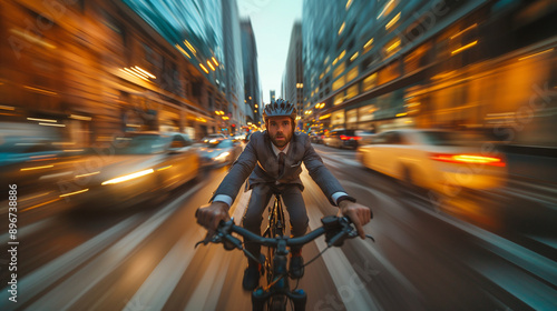 Man biking anxiously to work
