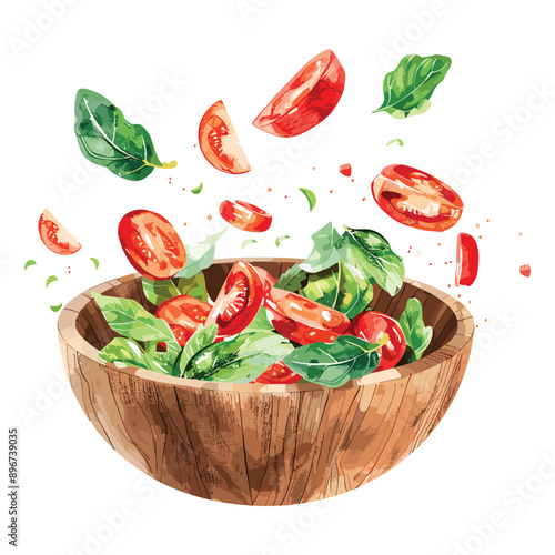 Watercolor illustration of a salad with tomatoes and basil.
