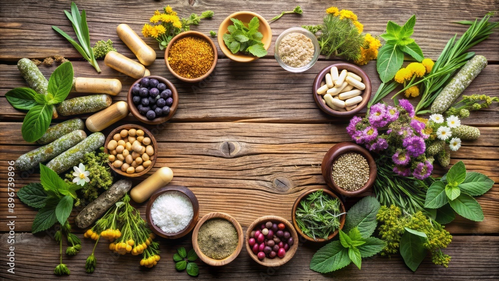 Arrangement of various dietary supplements, herbs, and natural remedies in a circular pattern on a rustic wooden background. Arrangement of various dietary supplements, herbs, and natural remedies in a circular pattern on a rustic wooden background.