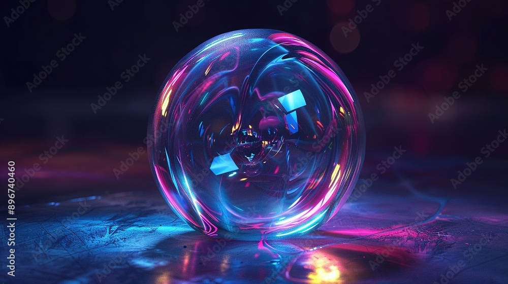 3D Visualization of a Holographic Effect on a Transparent Glass Sphere Bubble Against a Dark Background 3D Visualization of a Holographic Effect on a Transparent Glass Sphere Bubble Against a Dark Background