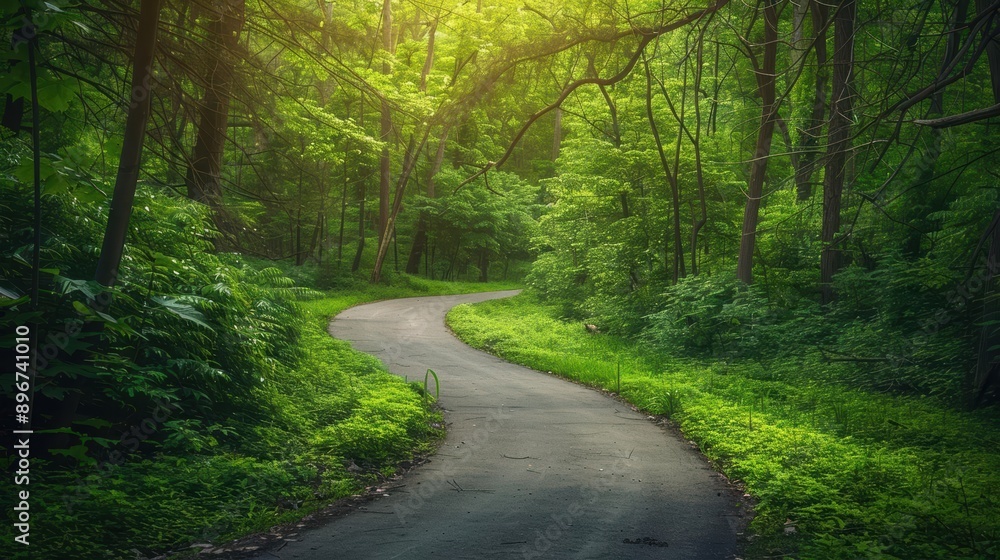 Naklejka premium Arrow-shaped road through a lush green forest, nature path and environmental awareness