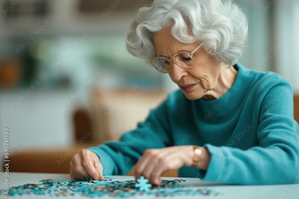 Serene Retired Woman Enjoying Relaxing Pastime of Jigsaw Puzzles at Home Serene Retired Woman Enjoying Relaxing Pastime of Jigsaw Puzzles at Home
