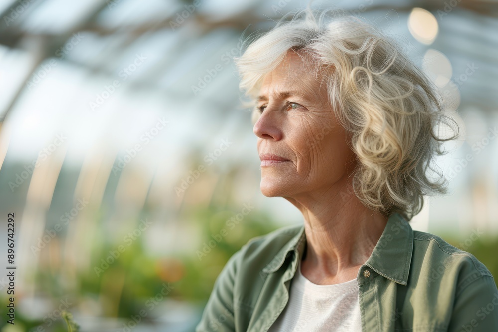 Fototapeta premium Eco-Friendly Retirement Passion - Senior Woman Gardening in Greenhouse