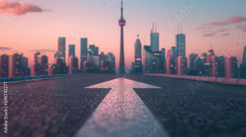 Road with an arrow painted on it, leading to a vibrant city skyline, urban direction and growth photo