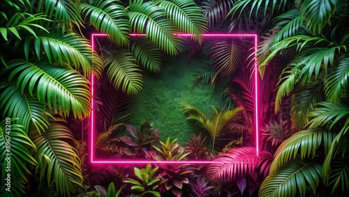 Fototapeta Naklejka Na Ścianę i Meble -  Vibrant pink neon frame suspended amidst lush green tropical jungle foliage, providing a striking contrast and ample empty space.