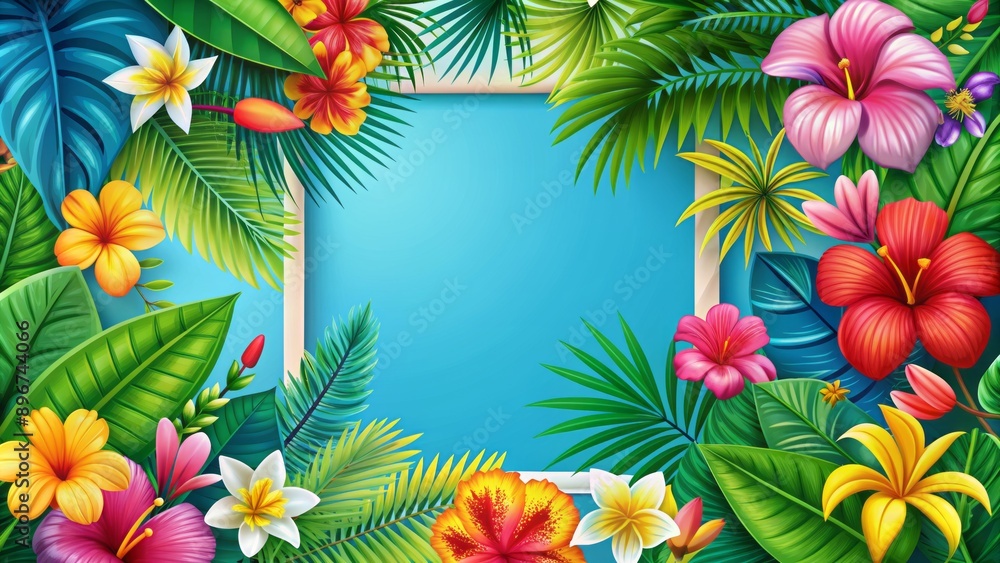 Vibrant colorful illustration of exotic flowers and palm leaves surrounding a blank template for a summer tropical party invitation. Vibrant colorful illustration of exotic flowers and palm leaves surrounding a blank template for a summer tropical party invitation.