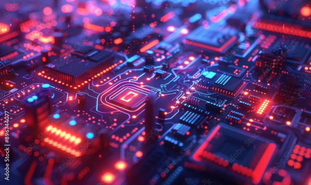 A close-up view of a circuit board with glowing red and blue lights. AI. A close-up view of a circuit board with glowing red and blue lights. AI.