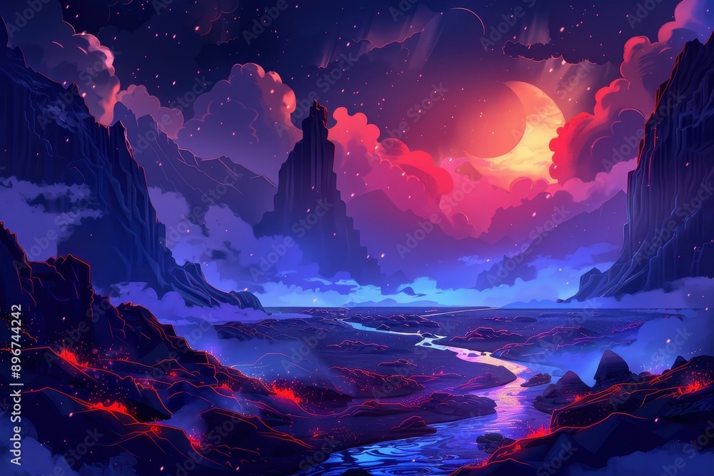 Mystical landscape with a river flowing through a valley between rocky mountains under a crescent moon Mystical landscape with a river flowing through a valley between rocky mountains under a crescent moon