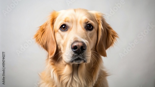 Adorable golden retriever dog with wide open brown eyes and floppy ears gazes innocently on a clean off-white background.