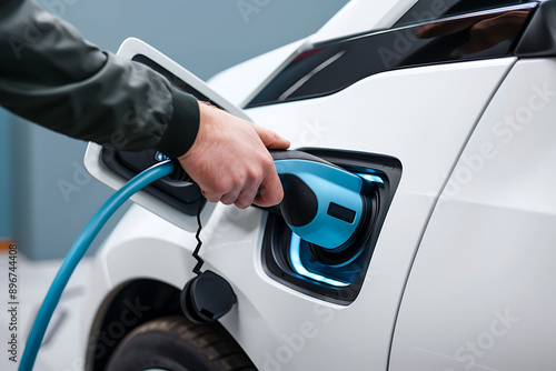 A Hand Inserting an Electric Vehicle Charging Cable photo