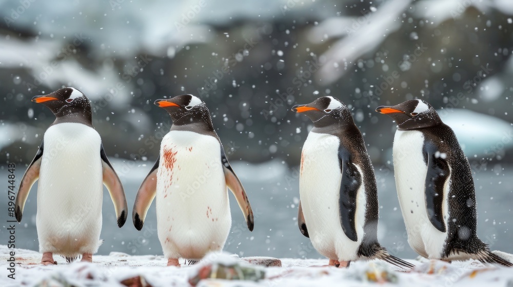 Fototapeta premium Four Penguins in a Snowy Landscape