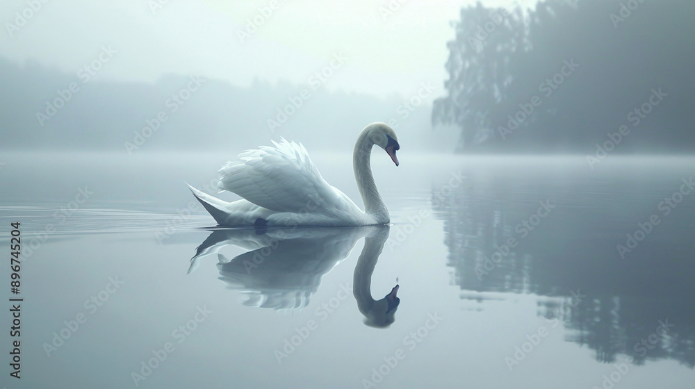 Fototapeta premium Graceful White Swan Gliding on Serene Lake - Peaceful Symbol of Freedom with Copy Space