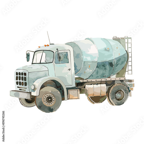 Vintage watercolor illustration of a cement mixer truck.