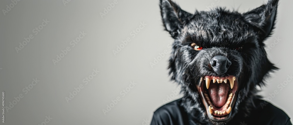 Fototapeta premium Close-up of a fierce werewolf costume with bared fangs against a plain background, perfect for Halloween and horror themes.