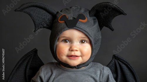 Adorable baby in bat costume smiling against dark background, perfect for Halloween themes and celebrations.