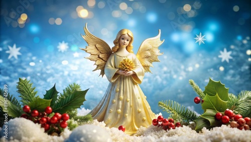 Elegant, serene, golden-winged Christmas angel figurine amidst festive holly, snowflakes, and ornaments on a soft, gradient blue background. photo