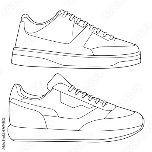 set of outline Cool Sneakers. Shoes sneaker outline drawing vector, Sneakers drawn in a sketch style, sneaker trainers template outline, Set Collection. vector Illustration.