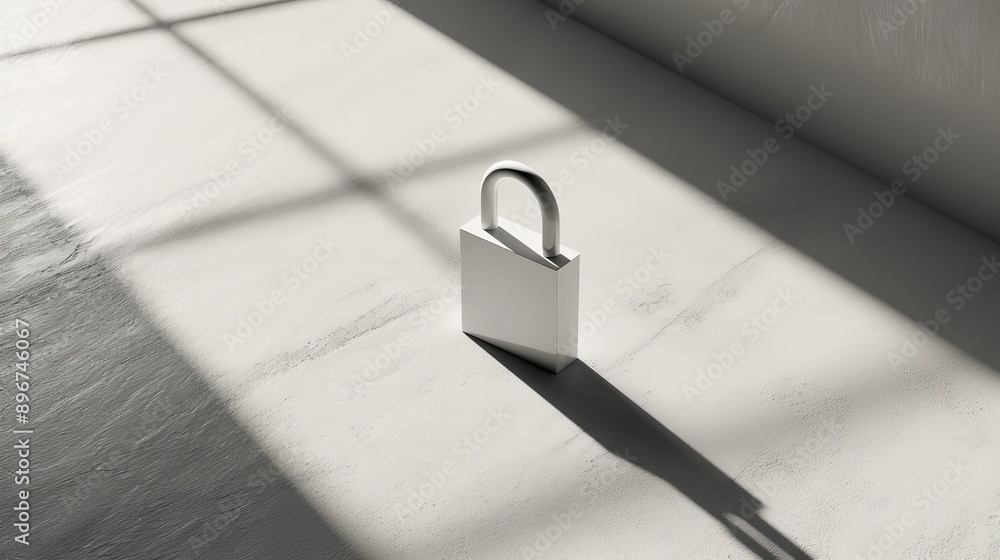 Naklejka premium White padlock on concrete floor in sunlight, minimalist security concept