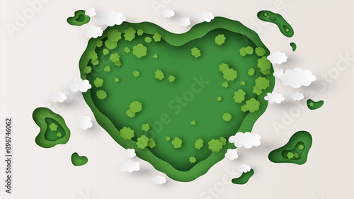 Paper layer cut of forest aerial view in heart shape. Heart shaped green forest. paper cut and craft style. vector, illustration.