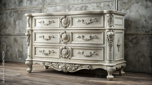 Elegantly distressed antique white dresser stands alone against a muted background, showcasing intricate carvings and ornate hardware details.