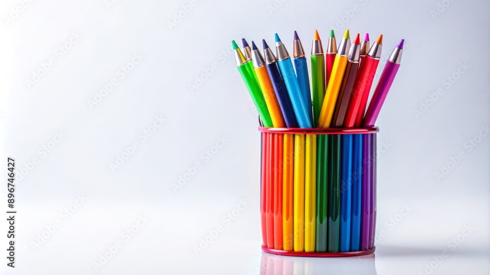 Vibrant, colorful, modern writing instrument stands upright, poised for creativity, against a pristine, pure white, empty, neutral, isolated backdrop. Vibrant, colorful, modern writing instrument stands upright, poised for creativity, against a pristine, pure white, empty, neutral, isolated backdrop.