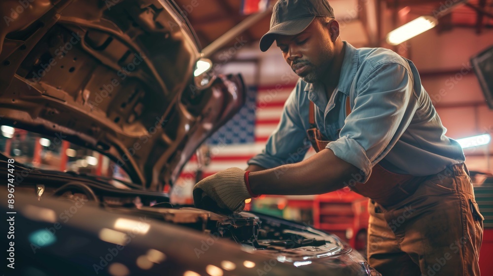 A mechanic is working on a car in a well-lit automotive workshop. The hood of the car is open, revealing the engine compartment. The mechanic is wearing a cap, a light blue shirt, brown overalls, and A mechanic is working on a car in a well-lit automotive workshop. The hood of the car is open, revealing the engine compartment. The mechanic is wearing a cap, a light blue shirt, brown overalls, and
