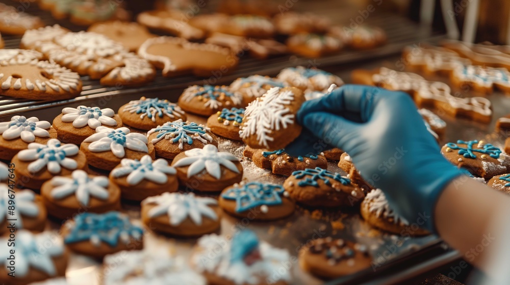 A close-up view of a person with gloved hands carefully handling a beautifully decorated gingerbread cookie amongst a spread of similarly adorned cookies. The cookies feature intricate icing designs i A close-up view of a person with gloved hands carefully handling a beautifully decorated gingerbread cookie amongst a spread of similarly adorned cookies. The cookies feature intricate icing designs i