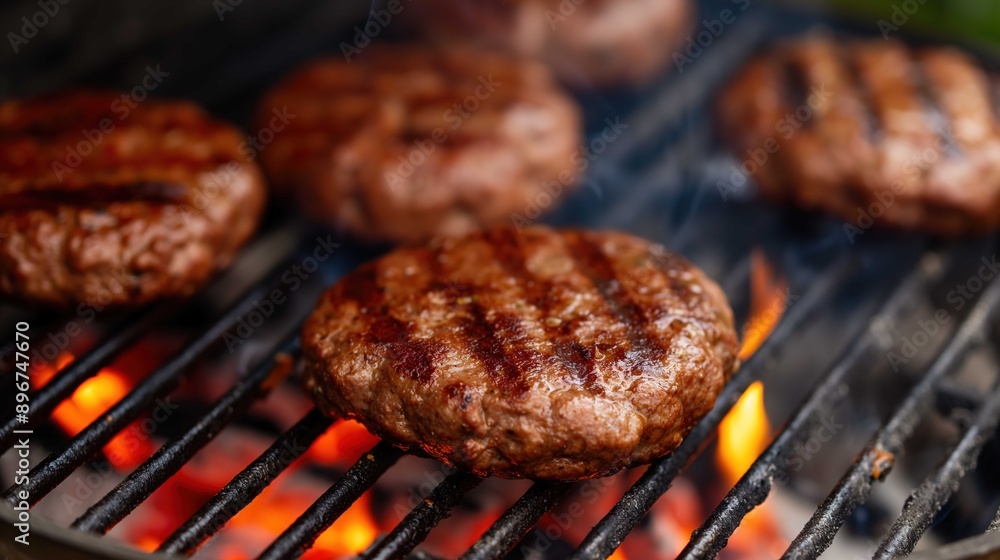 A close-up shot of juicy, well-seared beef patties grilling on a barbecue. The image shows the patties resting on a metal grill, with vibrant orange flames and glowing coals beneath them. The beef pat A close-up shot of juicy, well-seared beef patties grilling on a barbecue. The image shows the patties resting on a metal grill, with vibrant orange flames and glowing coals beneath them. The beef pat