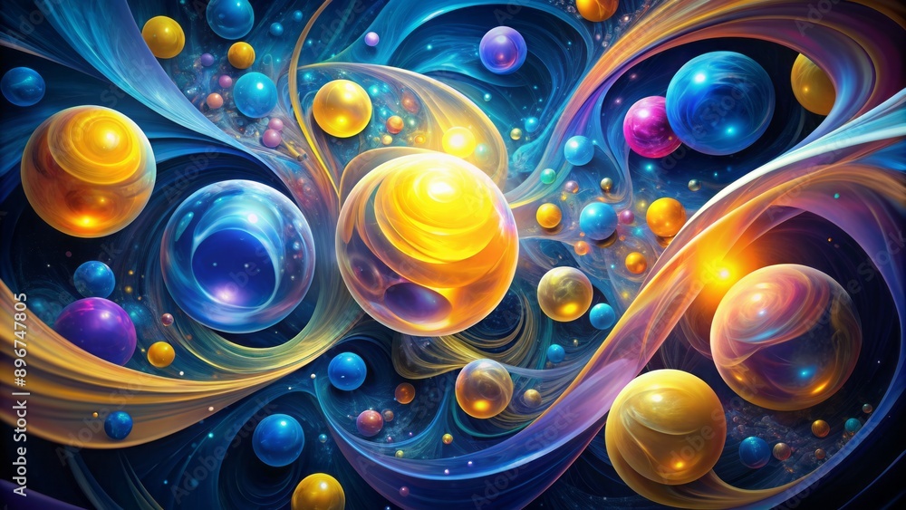 Fototapeta premium Vibrant swirling abstract composition features radiant glowing orbs in shades of blue, yellow, and pink against a dark background.