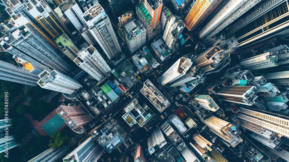 The image showcases a densely populated urban area captured from an aerial perspective, displaying a myriad of high-rise buildings packed closely together. The skyscrapers vary in height, design, and The image showcases a densely populated urban area captured from an aerial perspective, displaying a myriad of high-rise buildings packed closely together. The skyscrapers vary in height, design, and