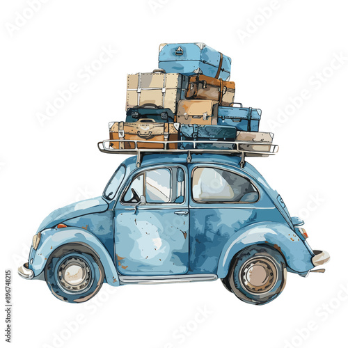 Blue vintage car with luggage on roof, watercolor illustration.