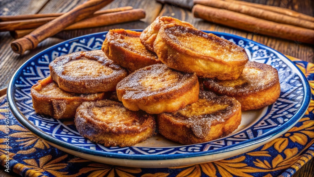 Vibrant still life of traditional Spanish Torrijas dessert, sweet fried bread loaves topped with cinnamon and sugar on decorative plate. Vibrant still life of traditional Spanish Torrijas dessert, sweet fried bread loaves topped with cinnamon and sugar on decorative plate.