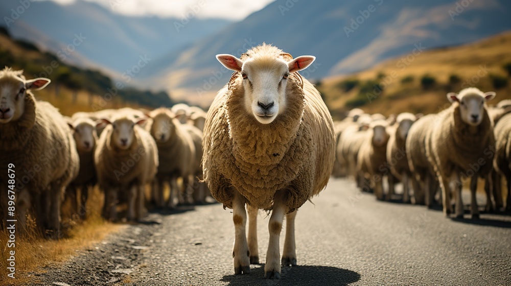 Fototapeta premium A Flock of Sheep Walking Down a Road