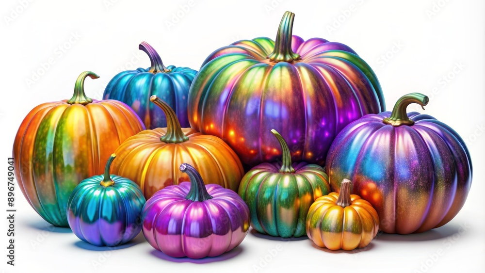 Vibrant, exotic, and iridescent Halloween pumpkins in assorted shapes and sizes, isolated on a transparent background, perfect for decorations. Vibrant, exotic, and iridescent Halloween pumpkins in assorted shapes and sizes, isolated on a transparent background, perfect for decorations.