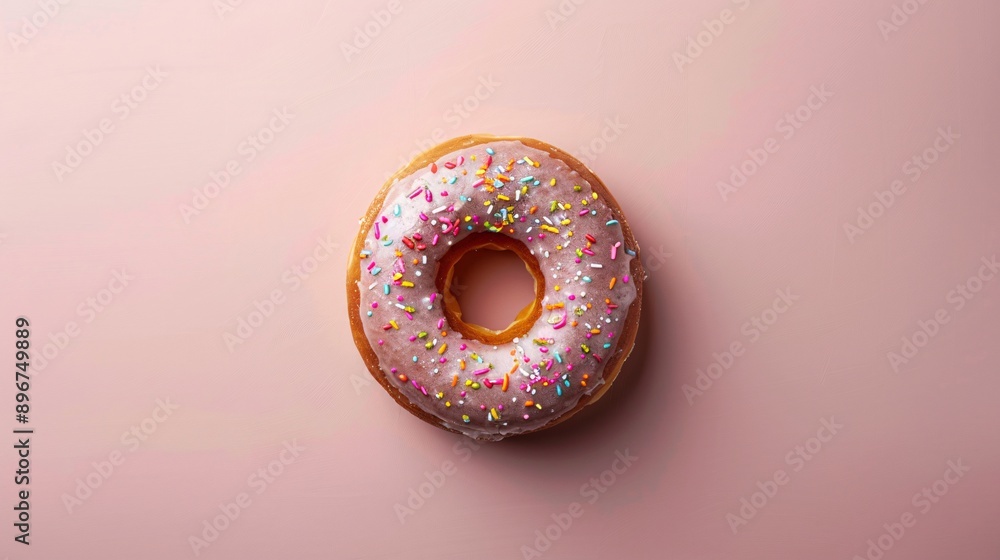 Flat lay of a single donut with minimalist decoration, captured in clear and detailed 3D shading Flat lay of a single donut with minimalist decoration, captured in clear and detailed 3D shading