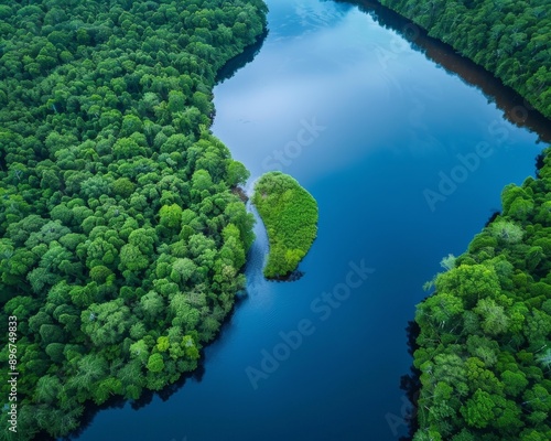 Aerial View of a Lush Green Forest with a Winding Blue River - Nature, Drone Photography, Wilderness, Rainforest, Ecology, Environmentalism © ishootgood