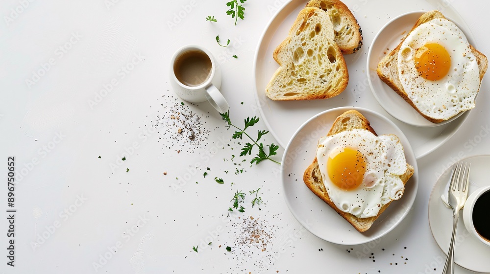 Flat lay of a minimalist breakfast setup with toast, eggs, and coffee on a white background, highly detailed photograph Flat lay of a minimalist breakfast setup with toast, eggs, and coffee on a white background, highly detailed photograph
