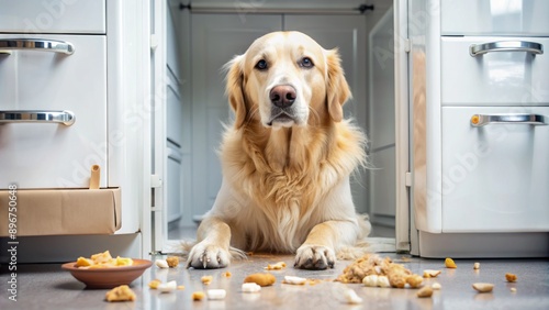 Mischievous golden retriever sniffing around open fridge, guilty gaze, paws grasping leftovers amidst scattered kitchen utensils and crumbs.