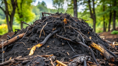 Charred organic matter forms a dense black heap with fragments of tree bark and roots amidst dark fertile soil. photo