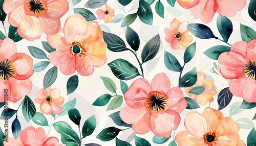 Watercolor Floral Pattern Delicate Peach Blossoms and Lush Green Foliage on White Background - Seamless Design, Spring Flowers, Botanical Illustration, Nature Inspired Art, Floral Print, Fabric Design © ishootgood