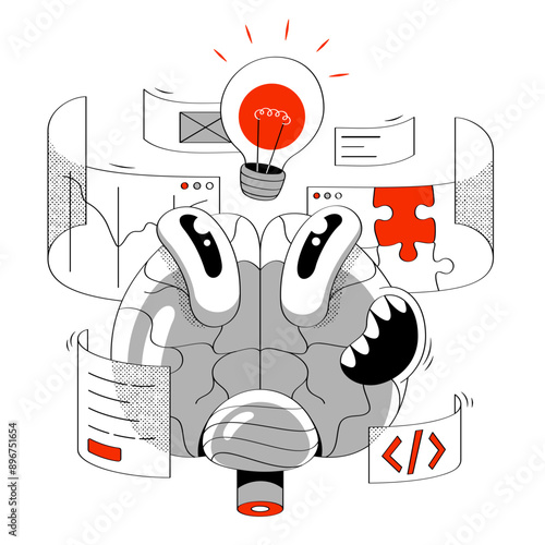 Brain with idea bulb and flying screens