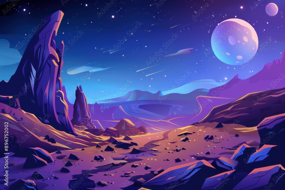 Colorful rocky moon landscape with large blue moon and starry sky Colorful rocky moon landscape with large blue moon and starry sky
