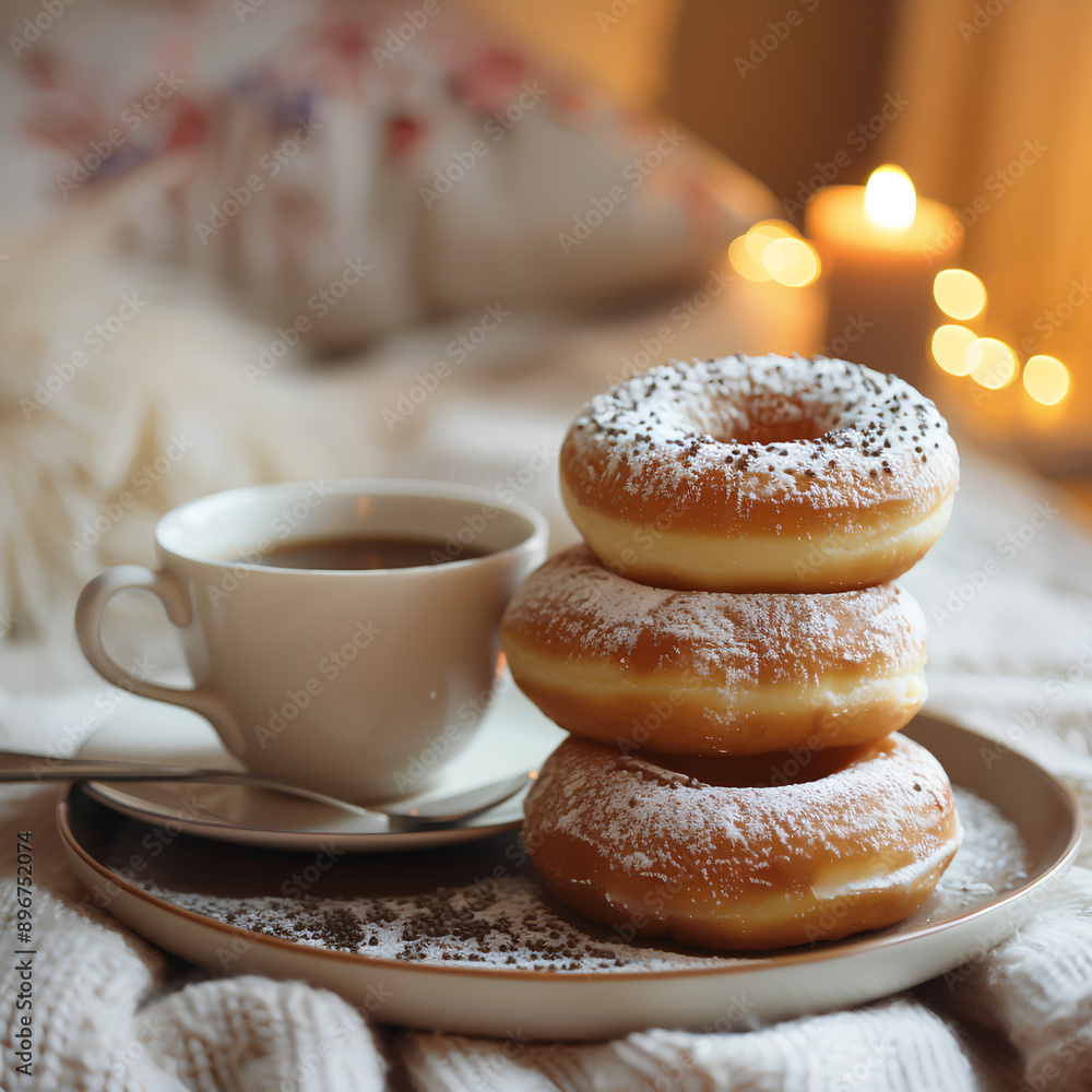 Classic donuts with powdered sugar stacked on a plate with a cup of coffee, cozy morning vibe with soft lighting and warm ambiance. Classic donuts with powdered sugar stacked on a plate with a cup of coffee, cozy morning vibe with soft lighting and warm ambiance.
