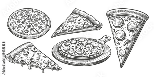 italian pizza set black and white hand drawn vector illustration