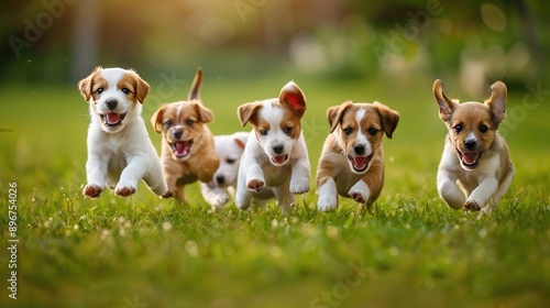 Five adorable puppies running in a green grassy field.