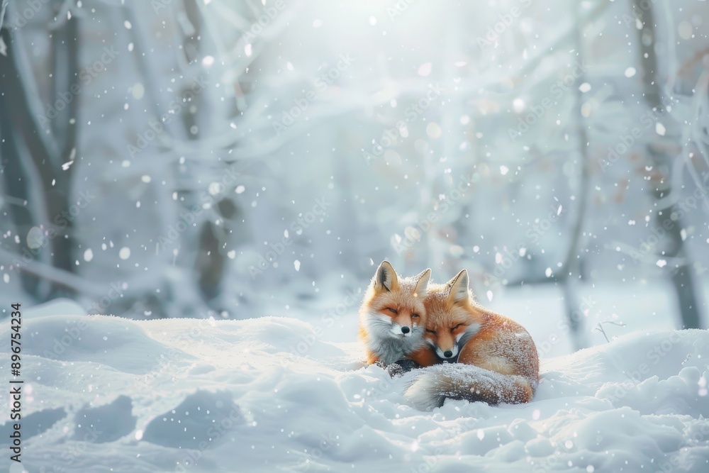Obraz premium pair of foxes in snow