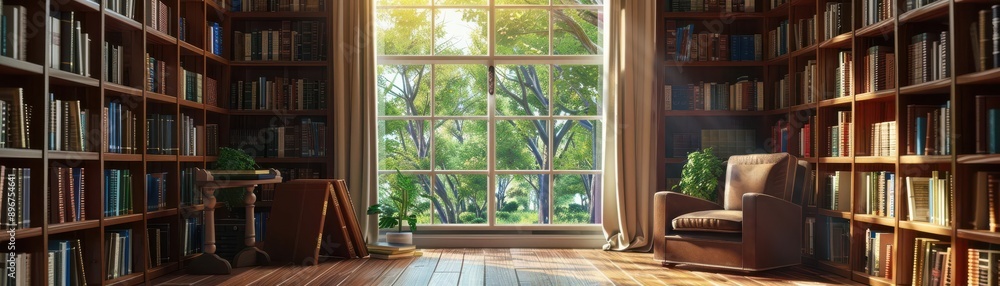 Cozy library with wooden shelves filled with books, a comfortable reading nook by the window, warm and inviting atmosphere Cozy library with wooden shelves filled with books, a comfortable reading nook by the window, warm and inviting atmosphere