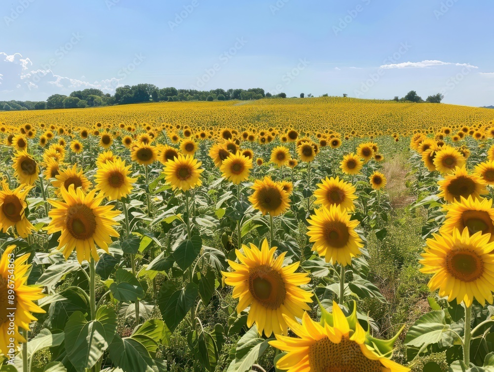 Fototapeta premium Expansive sunflower field under a clear blue sky, sunflowers in full bloom, vibrant and cheerful landscape